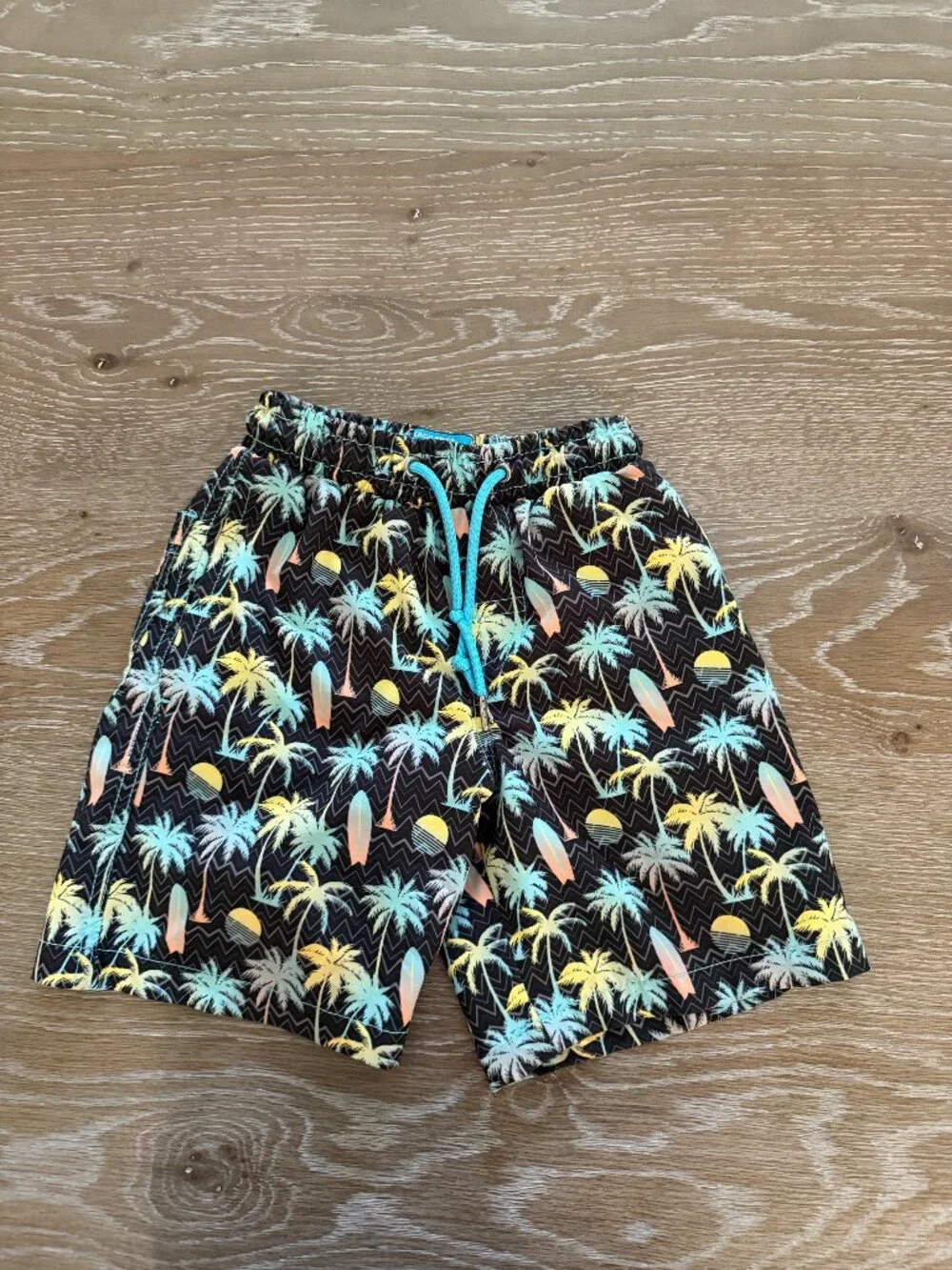Boys Beach Bros black/yellow/blue palm tree bathing suit swim trunks size 8
